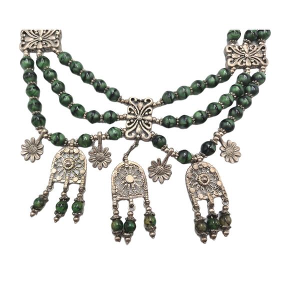 Middle Eastern Tribal Jade Bead 3-Strand Statement Necklace Silvertone Charms - Picture 4 of 8